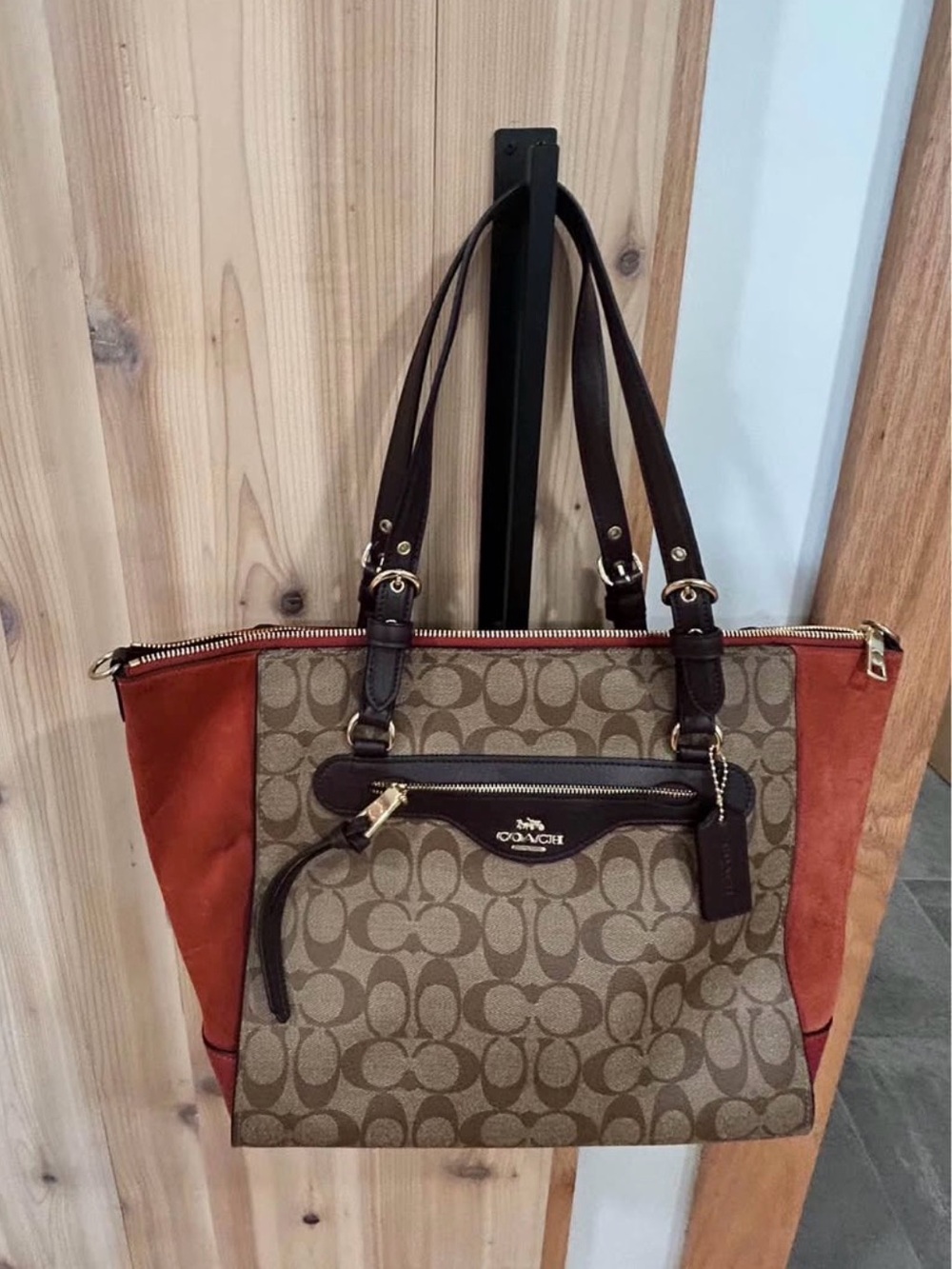 Coach Tote with Signature Canvas and Rust Side Panels